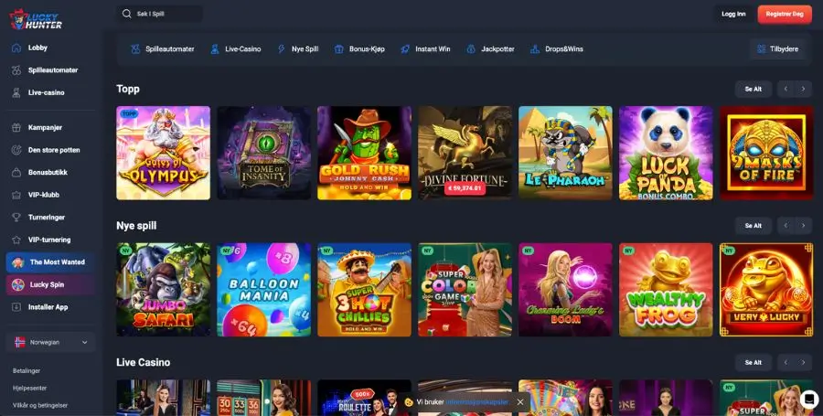 Spillutvalget i casinoet til Lucky Hunter