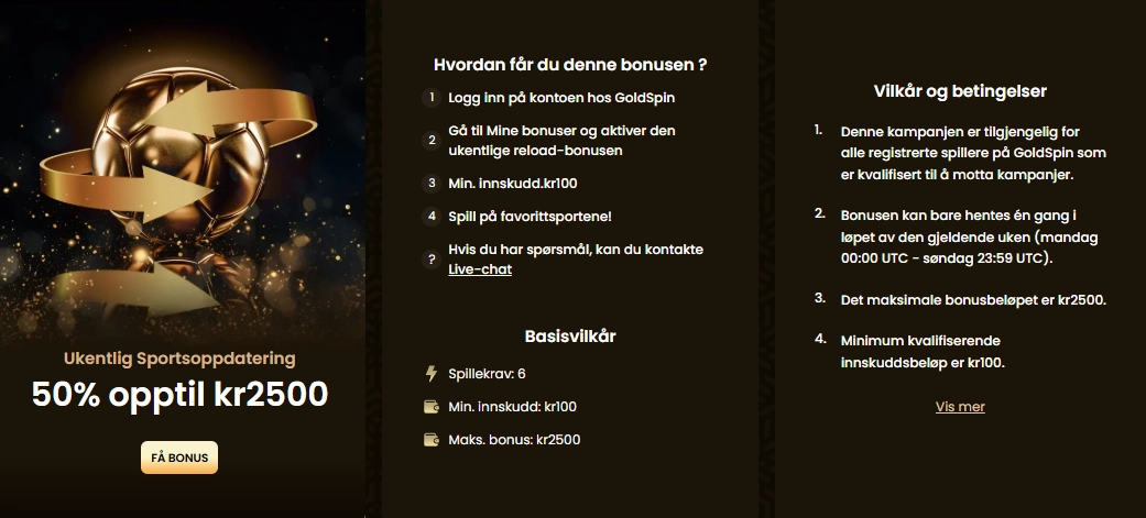 Topp 5 faste bettingtilbud for norske oddsspillere. GoldSpin 