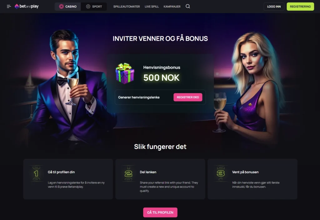 Vervebonus hos BetandPlay | 500 kr, 20× krav, ti venner i måneden
