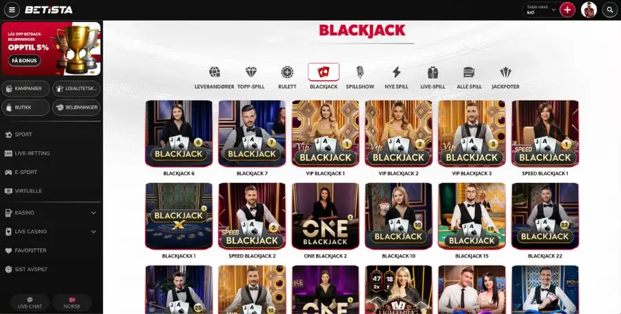 Blackjack hos Betista
