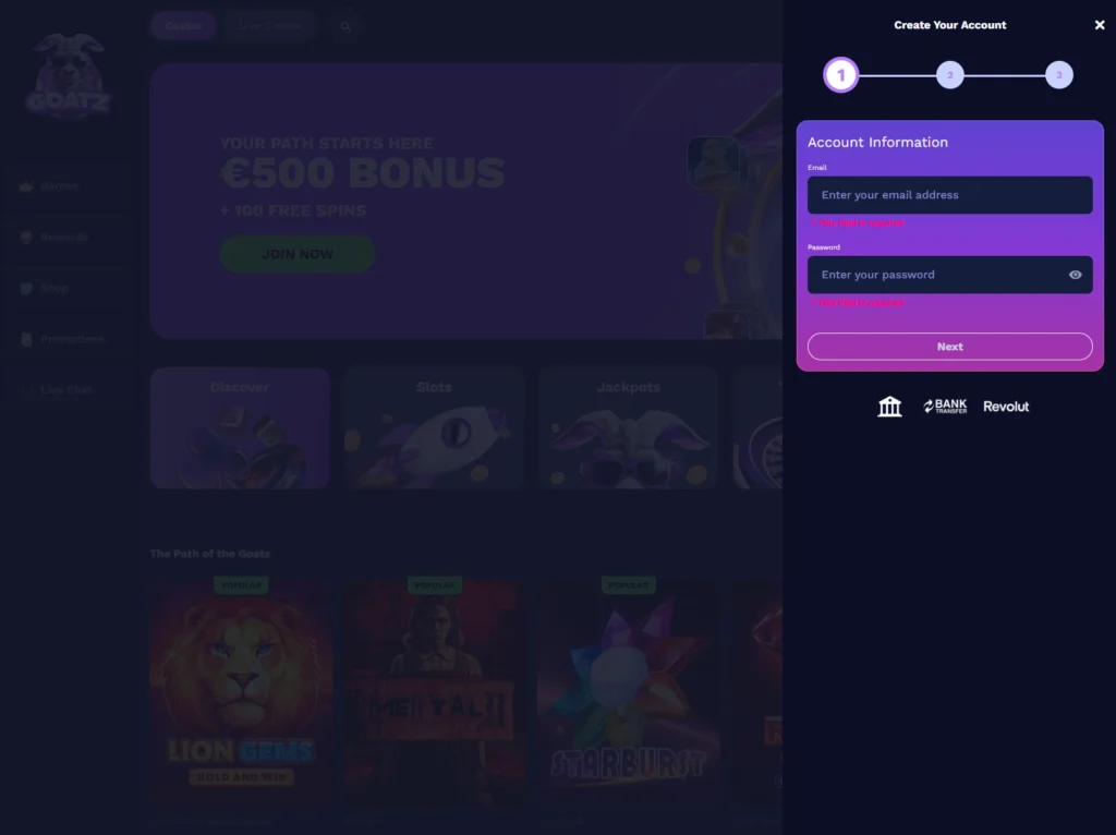 Registrer en spillekonto hos nye Goatz casino