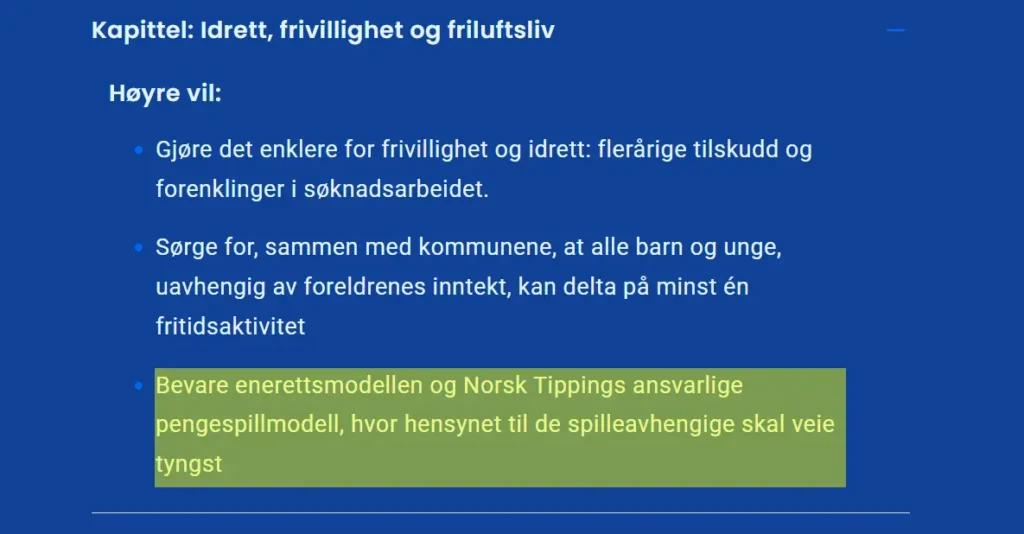 Skjermbilde fra partiet Høyres partiprogram 2015-2029, som omtaler deres syn på spillpolitikken i Norge.