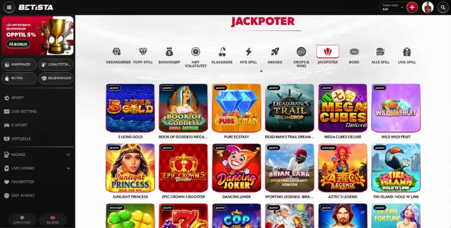 Jackpotspillene hos Betista