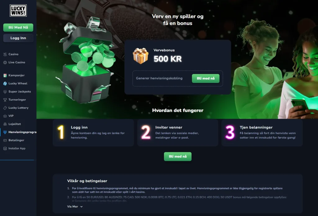 Vervebonus hos LuckyWins | 500 kr eller tilsvarende krypto, 20× omsetning