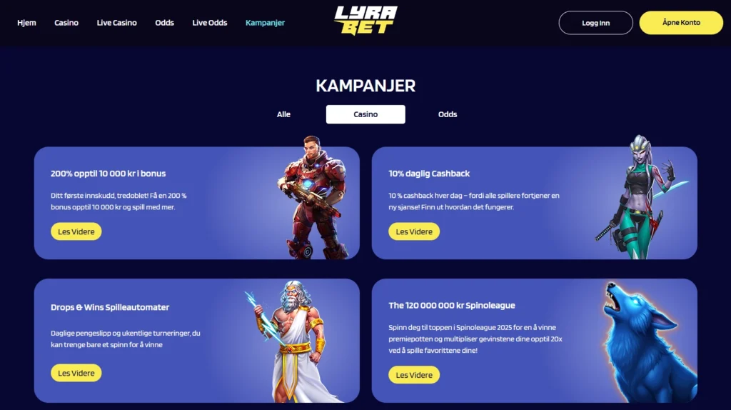 Faste casinotilbud fra Lyrabet | 200 % unlock + 10 % daglig cashback