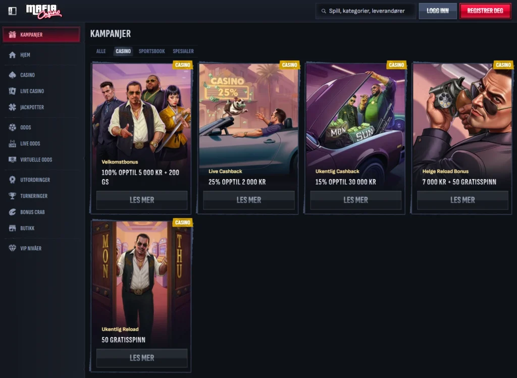 Faste casinotilbud fra MafiaCasino | No sticky bonus på velkomstbonus og reload-tilbud, cashbhack på slots og live casino