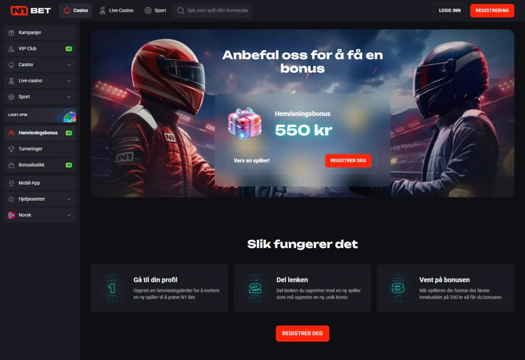 Vervebonus hos N1 Bet Casino | 550 kr per venn