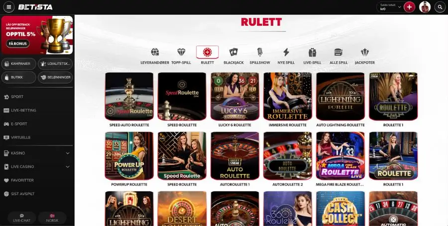 Roulette hos Betista