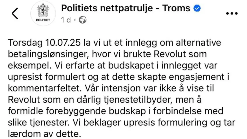 politiets beklagelse på facebook om feil info om Revolut