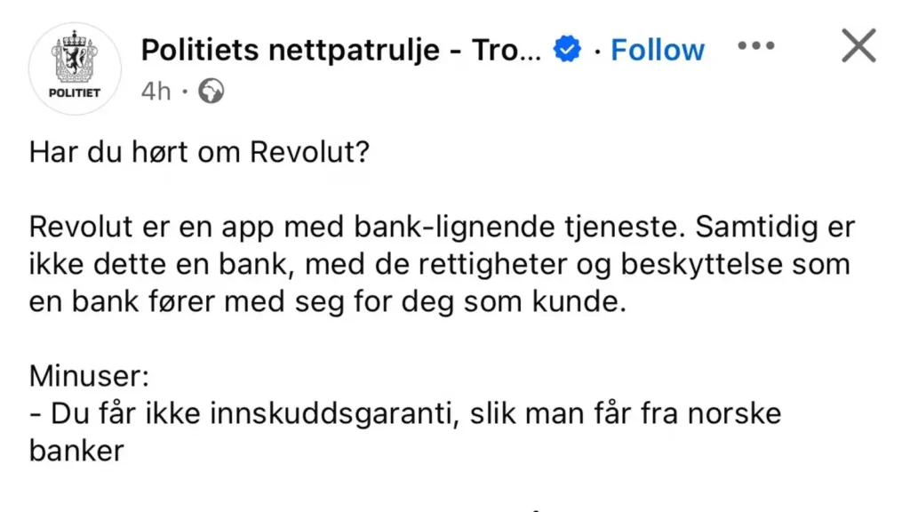 skjermbilde politiets  nettpatrulje facebook innlegg revolut