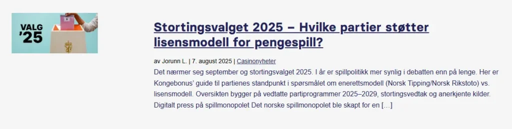 skjermbilde nyhetsartikkel partimeninger om lisensordning vs enerettsmodell foran stortingsvalget 2025
