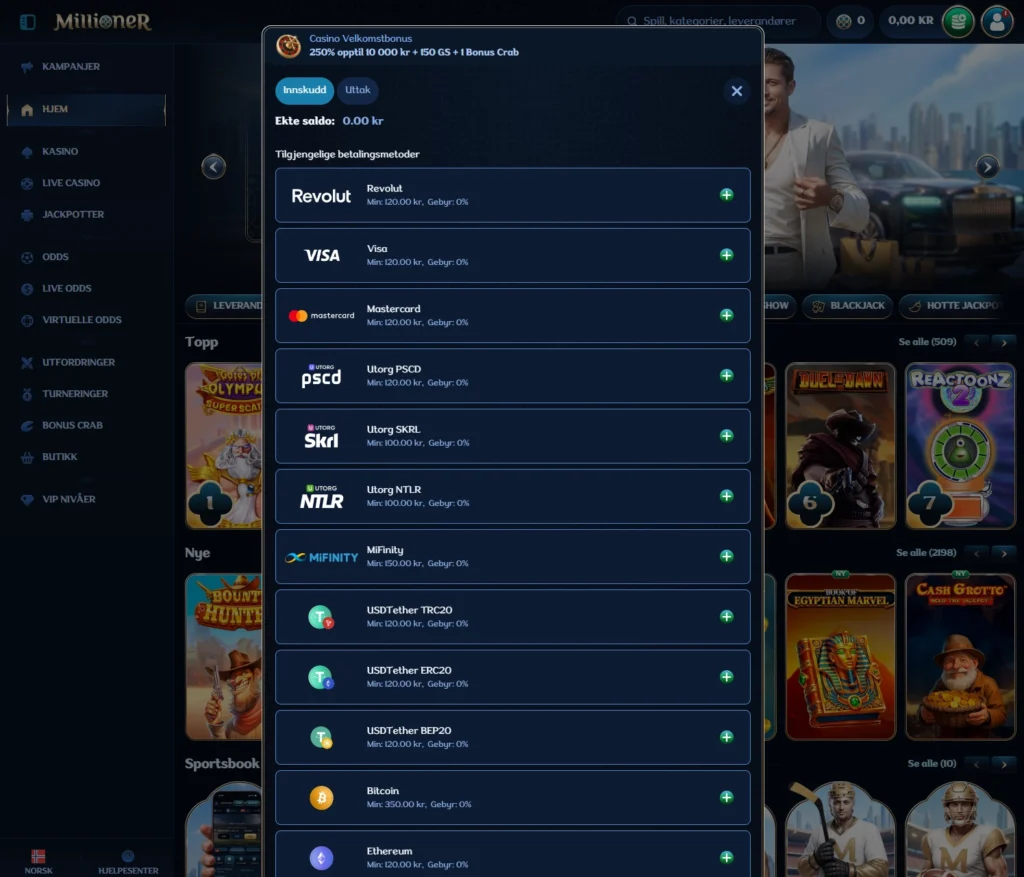 Gjør ditt første innskudd hos ditt nye casino Millioner.