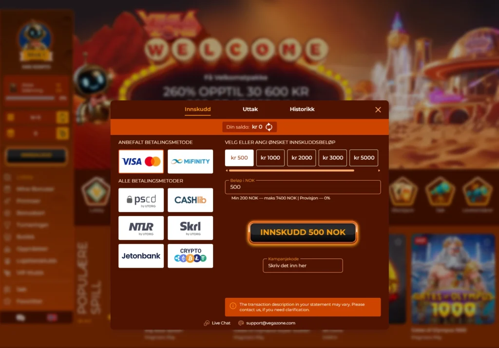 Gjør ditt første innskudd hos Vegazone