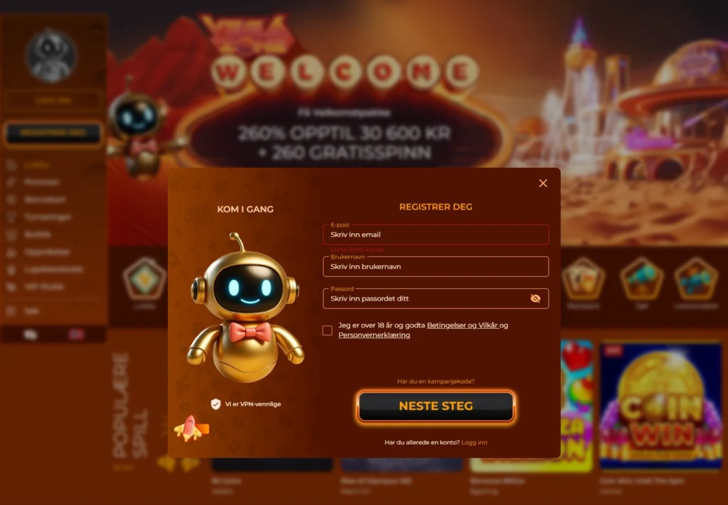 Registrer konto hos Vegazone