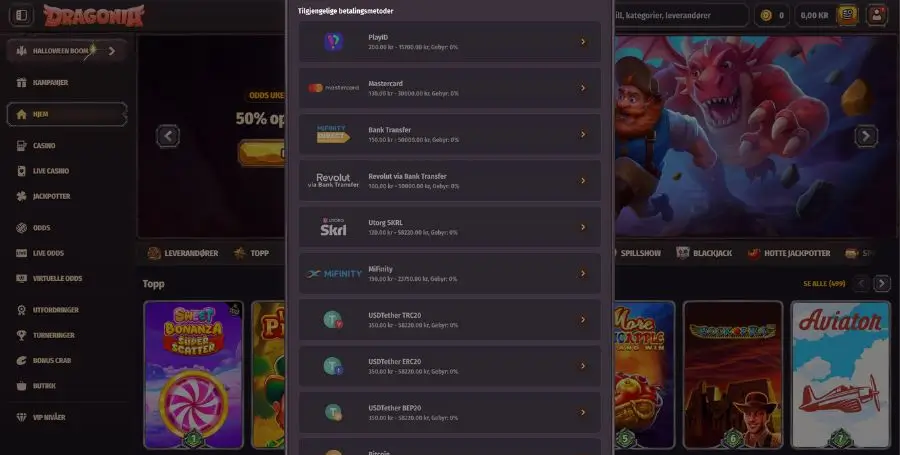 Betalingsmetoder for uttak hos Dragonia