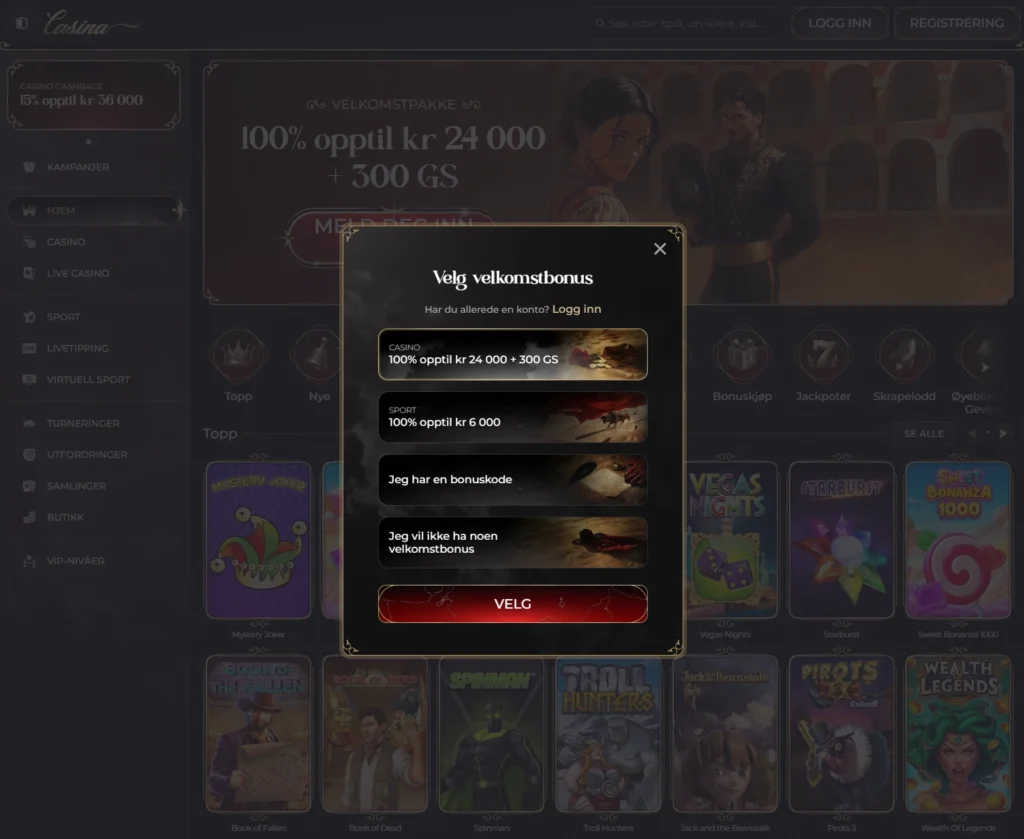 Registrer deg hos Casina casino