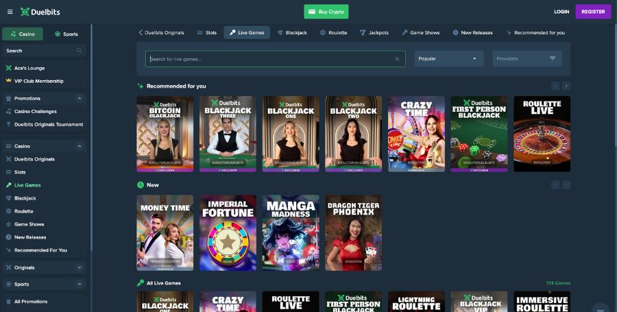 Duelbits live casino-spill