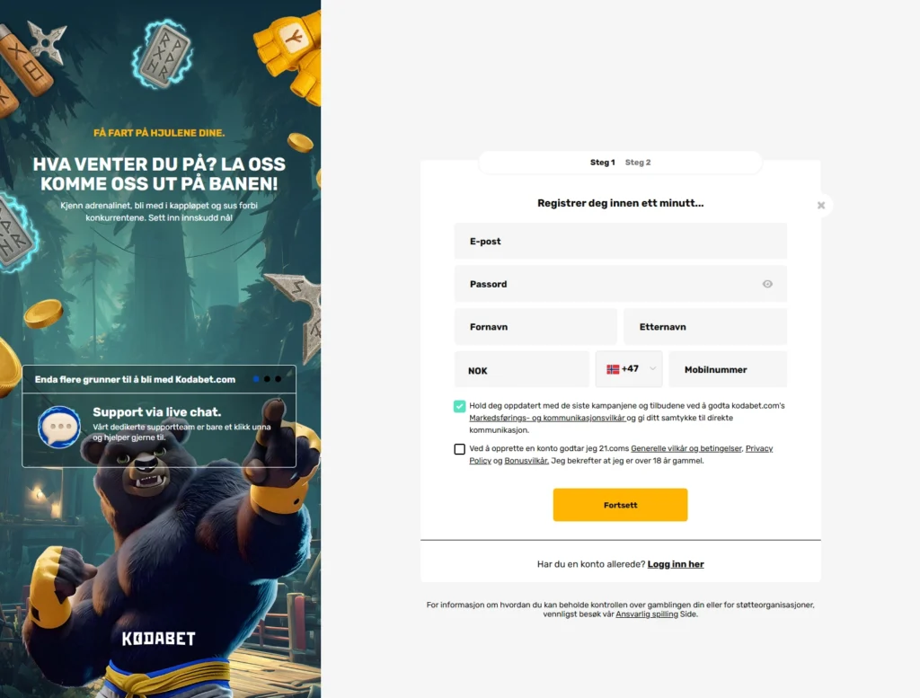 Opprett konto hos KodaBet