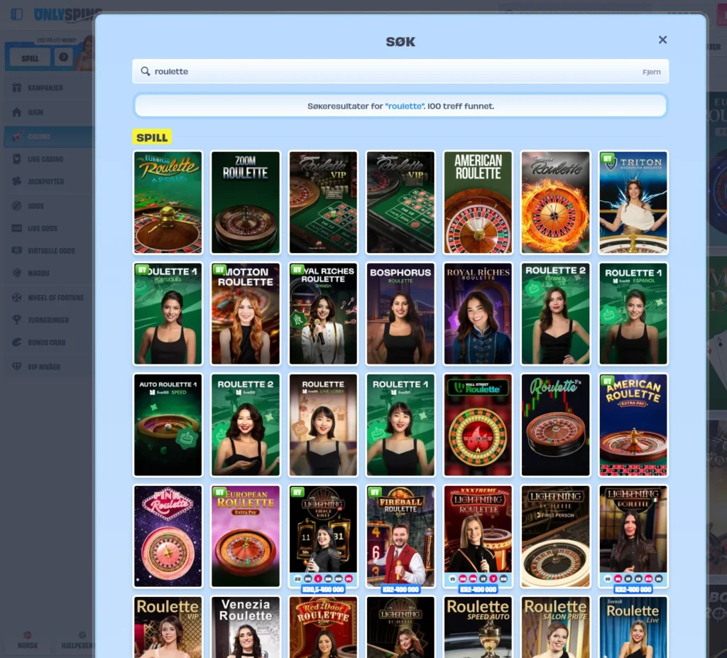 Roulette hos Onlyspins
