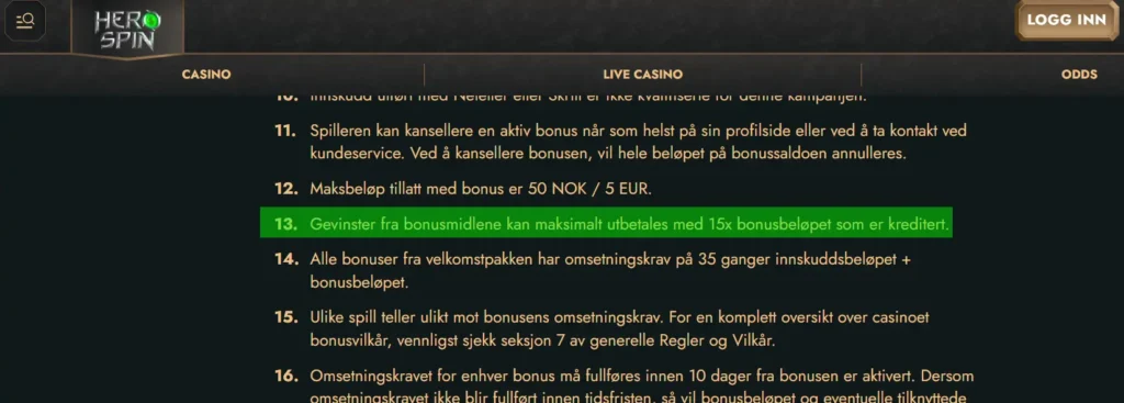 skjermbilde bonusvilkår HeroSpin