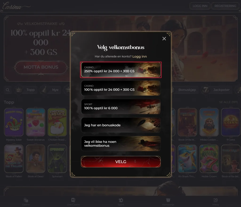 Registrer deg hos Casina casino