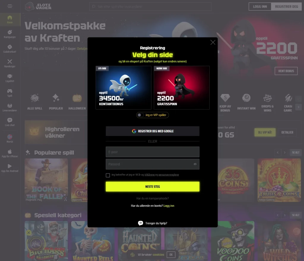 Registrer en spillekonto hos Slotsvader