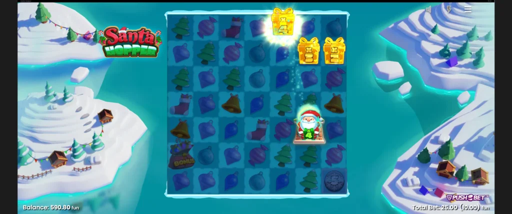 Julenissen hopper fra skorstein til skorstein med gaver på santa hopper