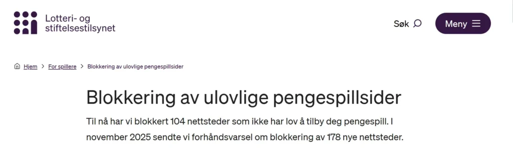 Skjermbilde av Lotteritilsynets nettside med varsel om nye DNS-blokkeringer i november.