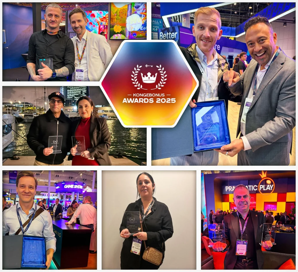 collage av bilder fra ICE i Barcelona 2026 da spillutviklere og operatører mottok sine premier fra Kongebonus Awards