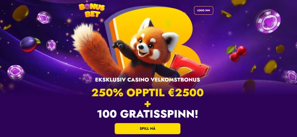 skjermbilde av bonusbet casino ekslusiv landingsside for Kongebonus med 250% velkomstbonus