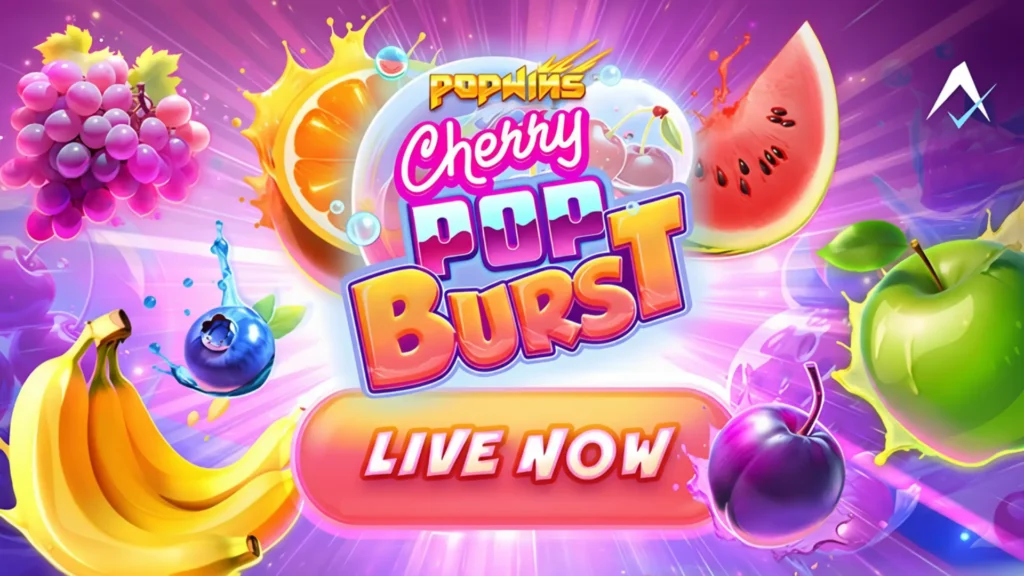 cherry pop burst fra avatarux display banner som viser frukt og logo