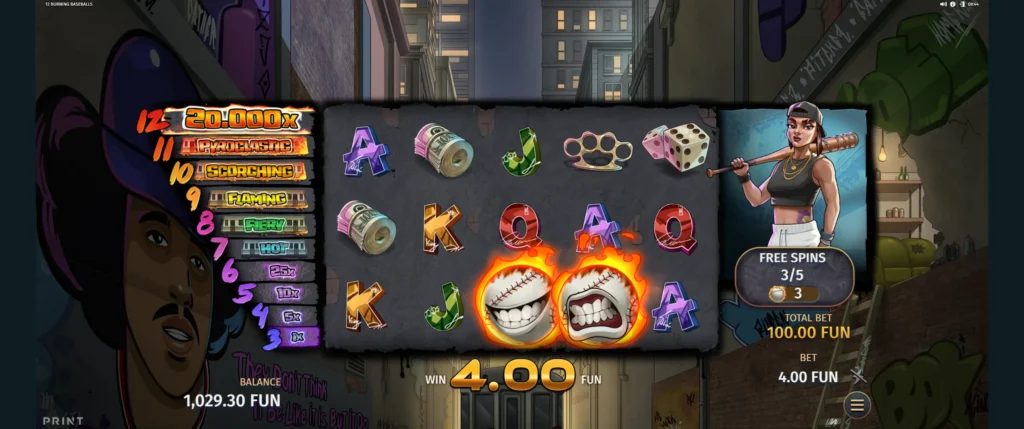 12 burning baseballs gratisspinnrunde med symboler som må samles for å avansere til neste etappe