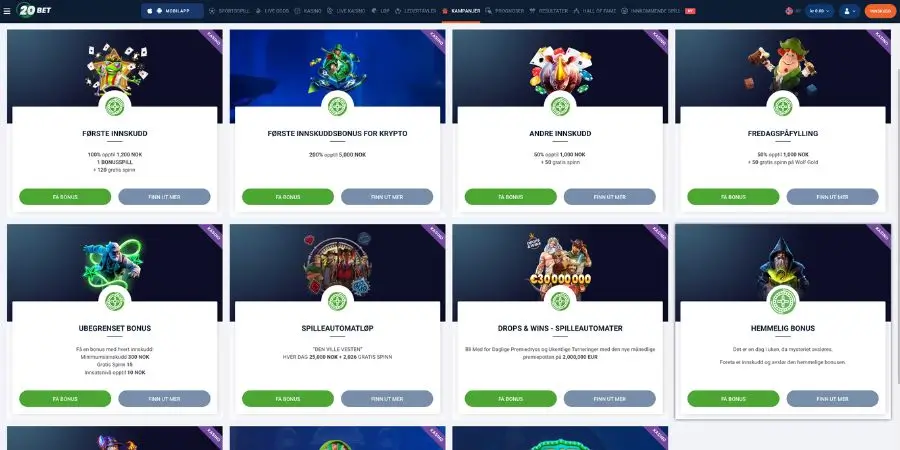 Bonuser og kampanjer hos 20Bet