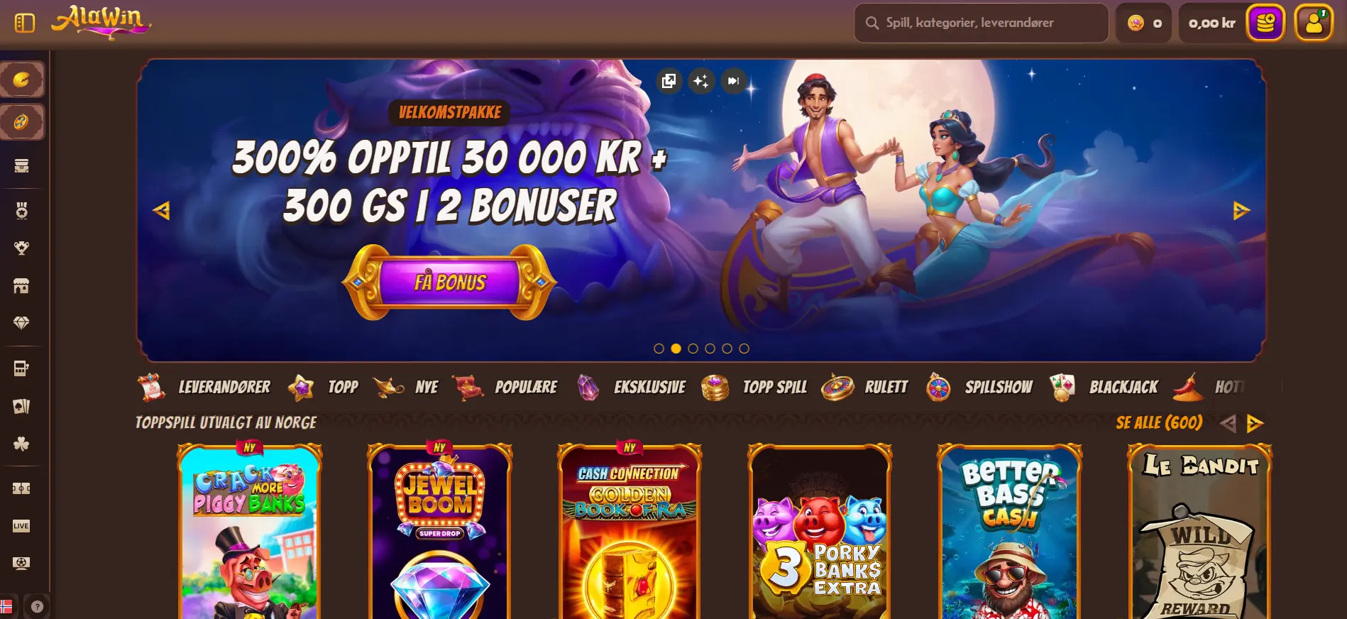 Norsk startside hos AlaWin som viser den eksklusive velkomstbonusen for Kongebonus