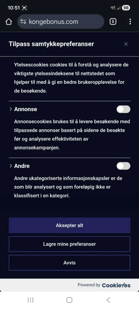 Tilpasningsvalg for informasjonskapsler i mobilvisning med brytere for hver kategori