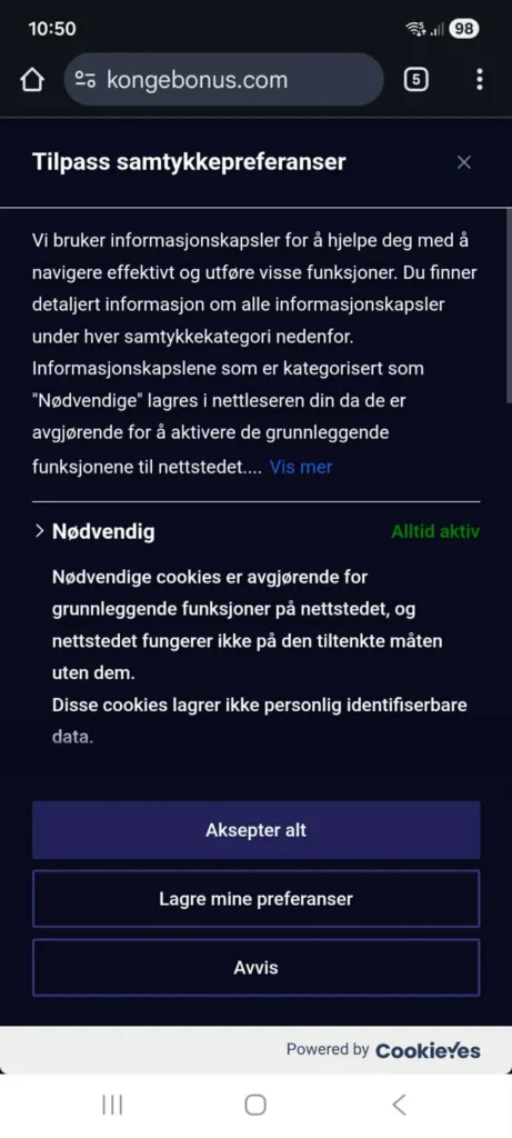 Samtykkemeny for informasjonskapsler på Kongebonus i mobilvisning ved første besøk
