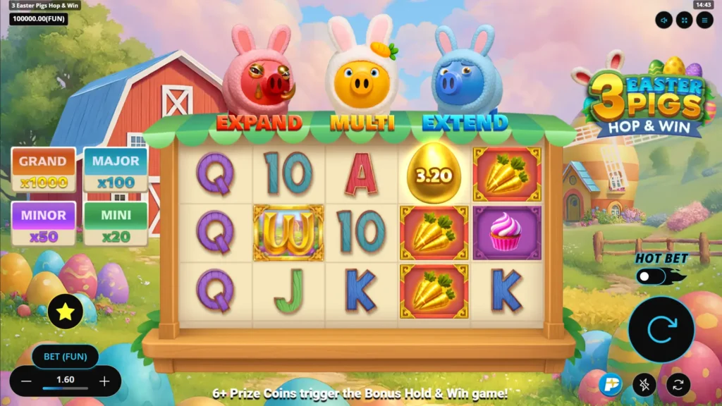 Skjermbilde av spilleautomaten 3 Pigs of Easter fra Gaming Corps med påsketema, grisekarakterer og Hop and Win-bonusfunksjonen.