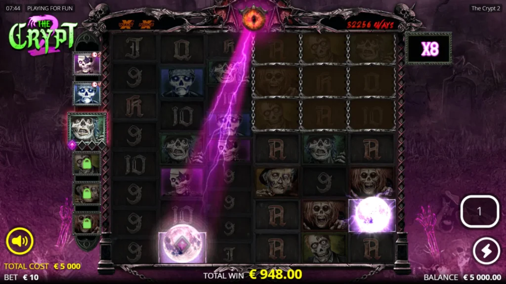 Entombed-gratisspinnfunksjonen i the crypt 2, med ekstra multiplikatorer og større gevinstpotensial.
