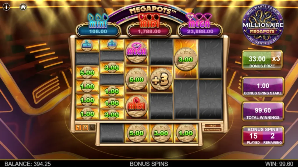 Skjermbilde av spilleautomaten Millionaire Megapots fra Big Time Gaming med Megaways-hjul, jackpotnivåene Mini, Midi og Mega samt «Vil du bli millionær»-temaet.