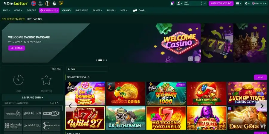 Norsk startside hos SpinBetter