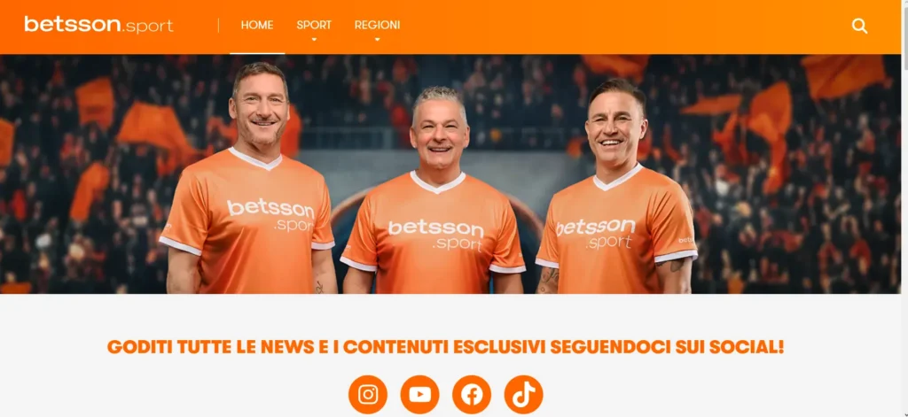 kjermbilde av Betsson.sport på italiensk som viser innhold relatert til sportsstøtte og partnerskap i Italia.