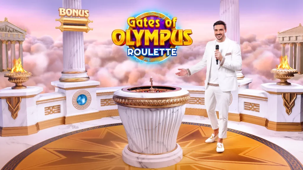 Live casino-spillet Gates of Olympus Roulette med Zeus som dealer, gullfarget spillbord og multiplikatorer inspirert av Gates of Olympus-slotten.