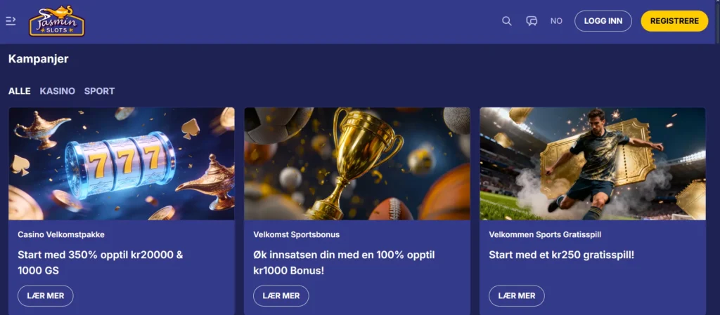 Jasminslots kampanjeside med tilgjengelige velkomstbonuser for casino og sport