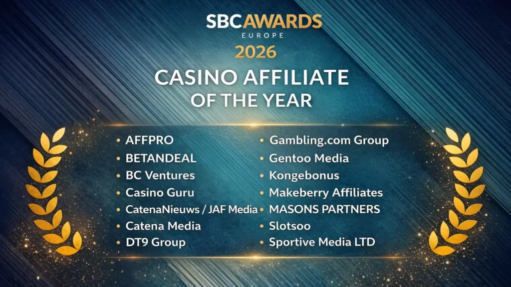 Grafikk som viser listen over nominerte til Casino Affiliate of the Year ved SBC Awards Europe 2026, inkludert Kongebonus og flere internasjonale affiliate-aktører.
