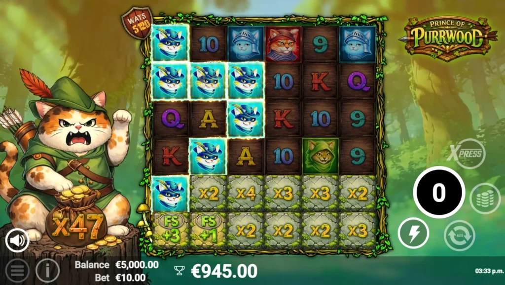 Gratisspinn med utvidet spillfelt og vedvarende multiplikatorer i Prince of Purrwood