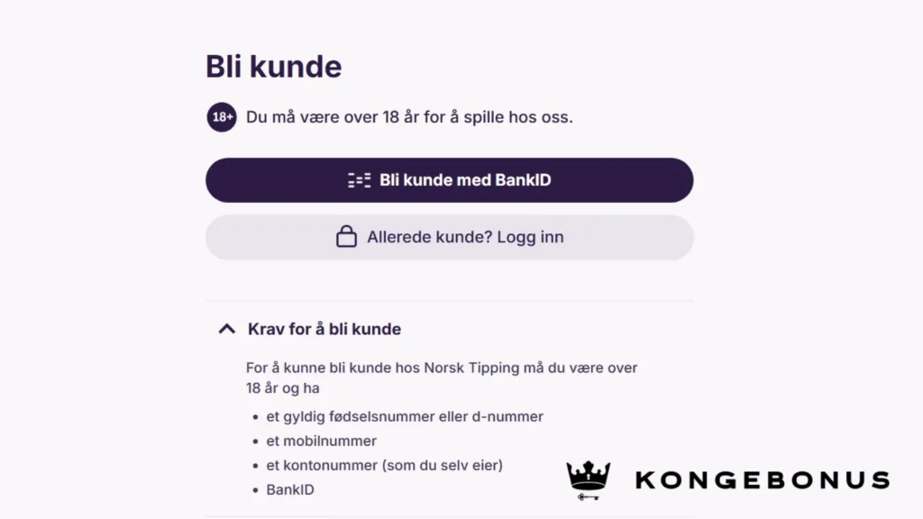 skjermbilde av norsk tipping meny for å registrere seg som ny kunde, der bankid er eneste måten å registrere seg på