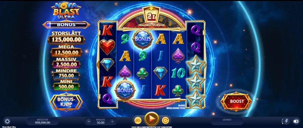 Nova Blast Ultra spilleautomat fra Red Papaya med futuristisk romtema, multiplikatorer og Quantum Meter synlig i grensesnittet.