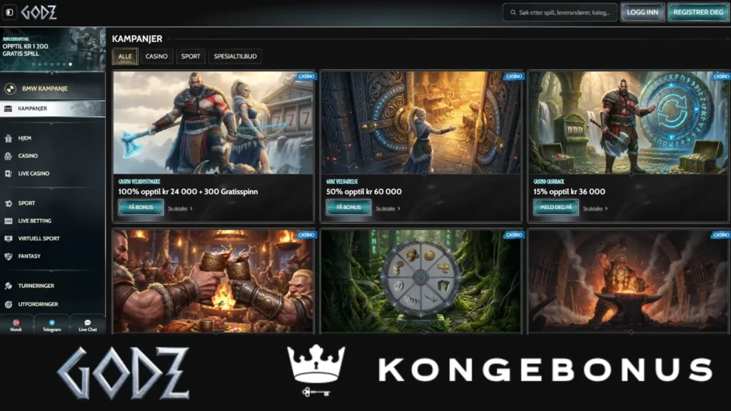 skjermbilde montasje godz casino kampanjer og tilbud