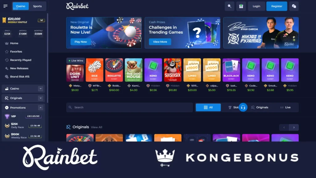 rainbet casino og krypto casino fremside for markedsføring på kongebonus