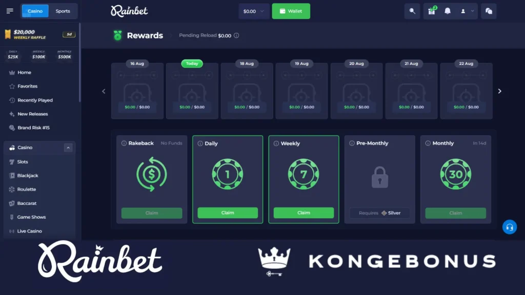 rainbet side for overvåkning av progresjon av daglig, ukentlig, og månedlig rakeback